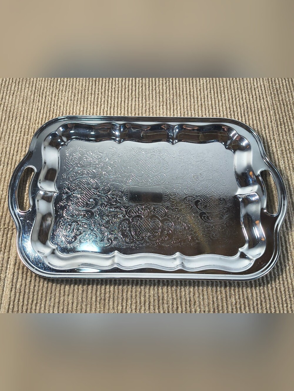 Vintage Etched Floral Silver Colored Serving Platter Tray Made in USA